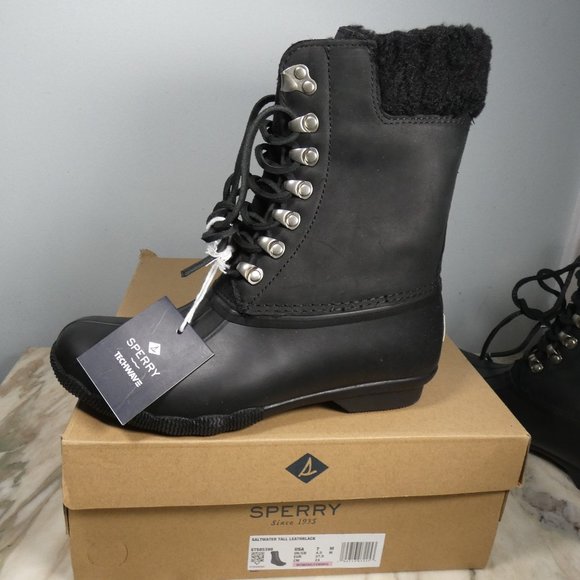 Sperry womens Saltwater Tall Leather Cozy Rain Boot, Black, 7 US - Picture 4 of 10